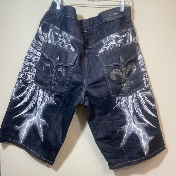 Y2K Baggy JNCO Style Graphic Denim Shorts Lightning Fleur-de-Lis Bling Detail - Picture 13 of 16